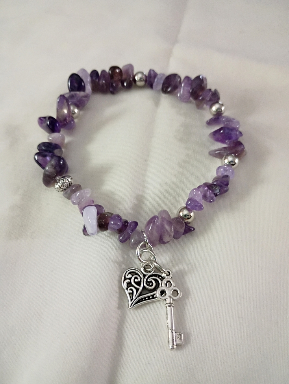 Purple Amethyst Chip Bracelet with Heart & Key Charms